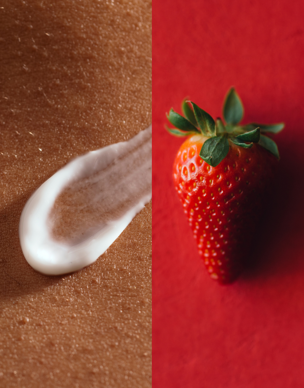 Skin with KP bumps covered in treatment cream, and a strawberry to resemble bumpy texture